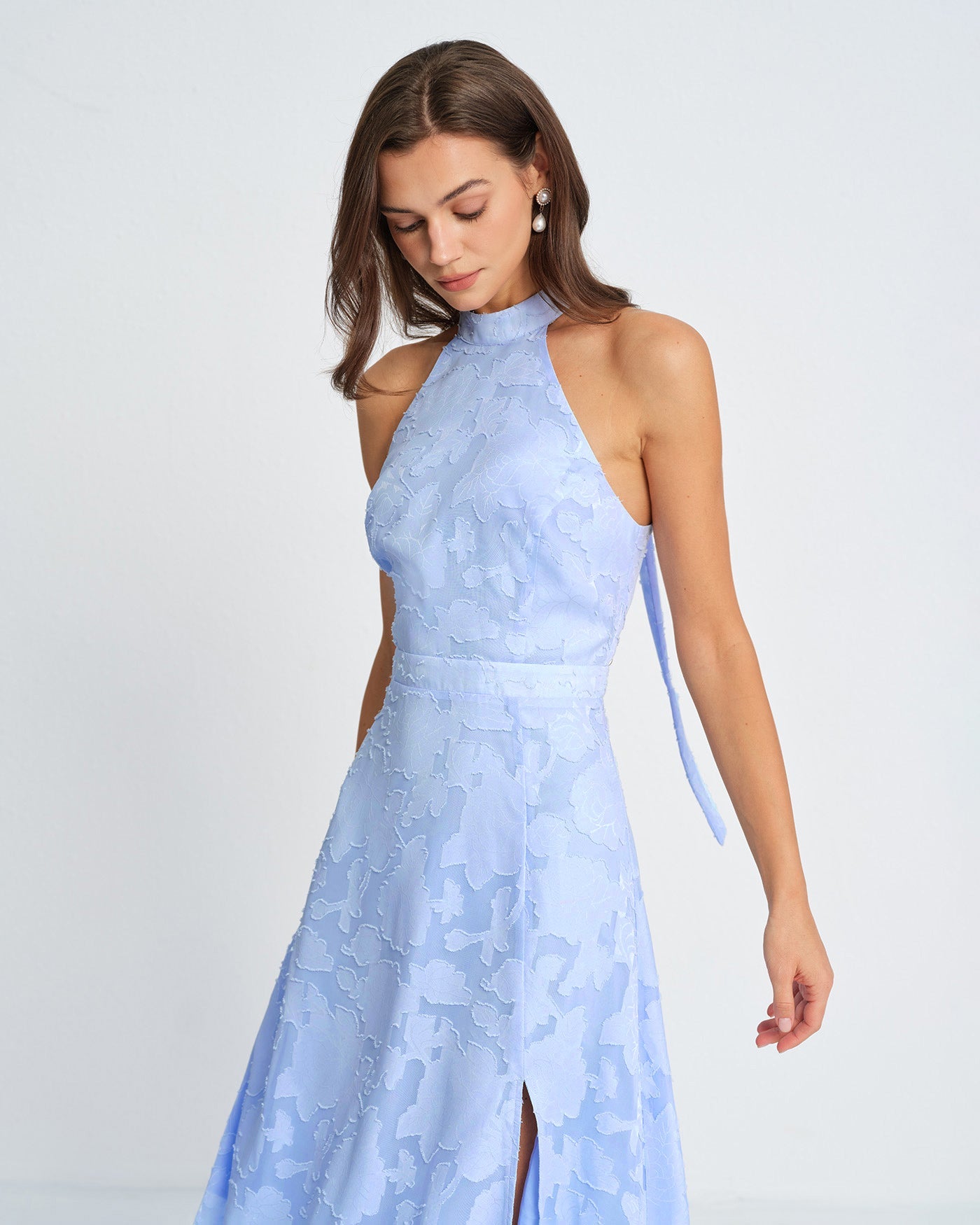 Blue Jacquard Maxi Dress with Open Back - view 4