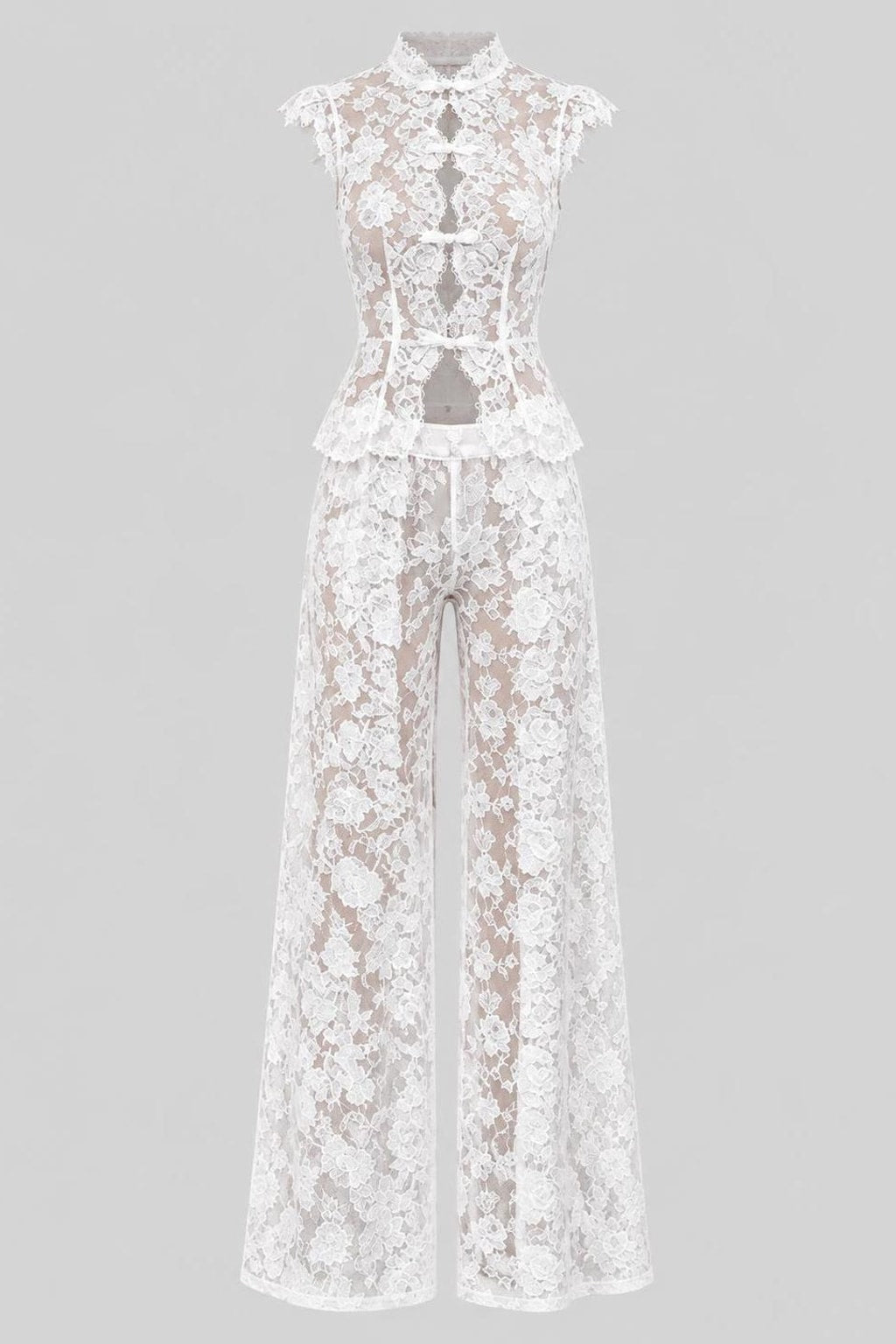 Lace Two-Piece Set With V-Neck Blouse And Wide Leg Pants - 1