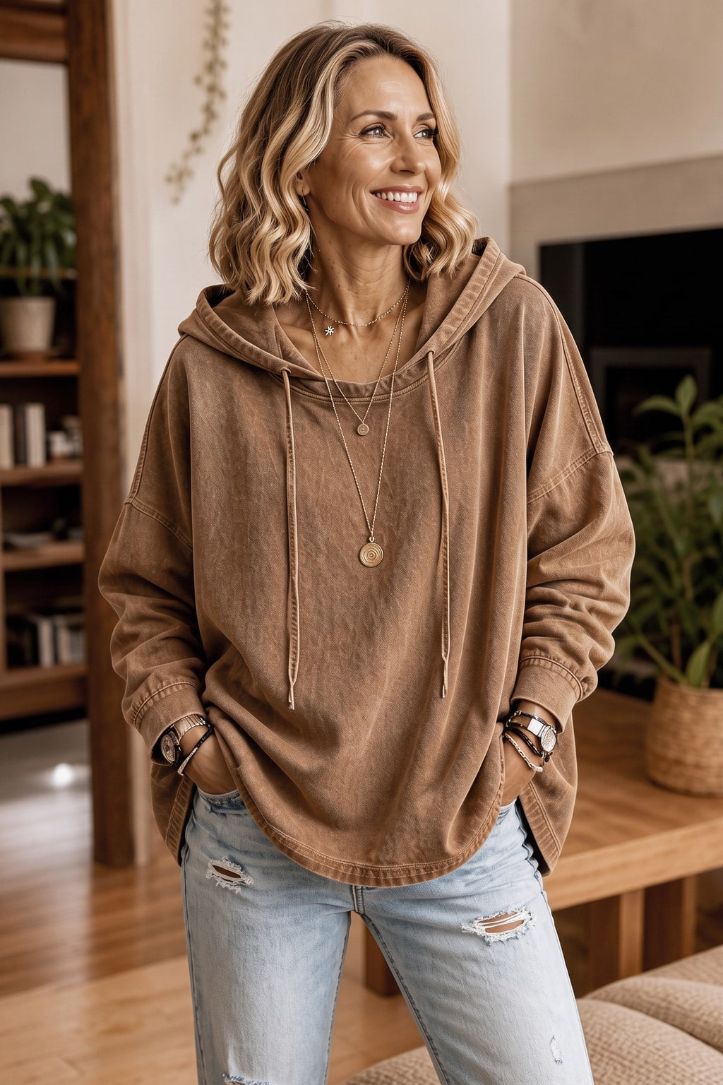 Denim-Look Oversized Dropped-Shoulder Hoodie - 5