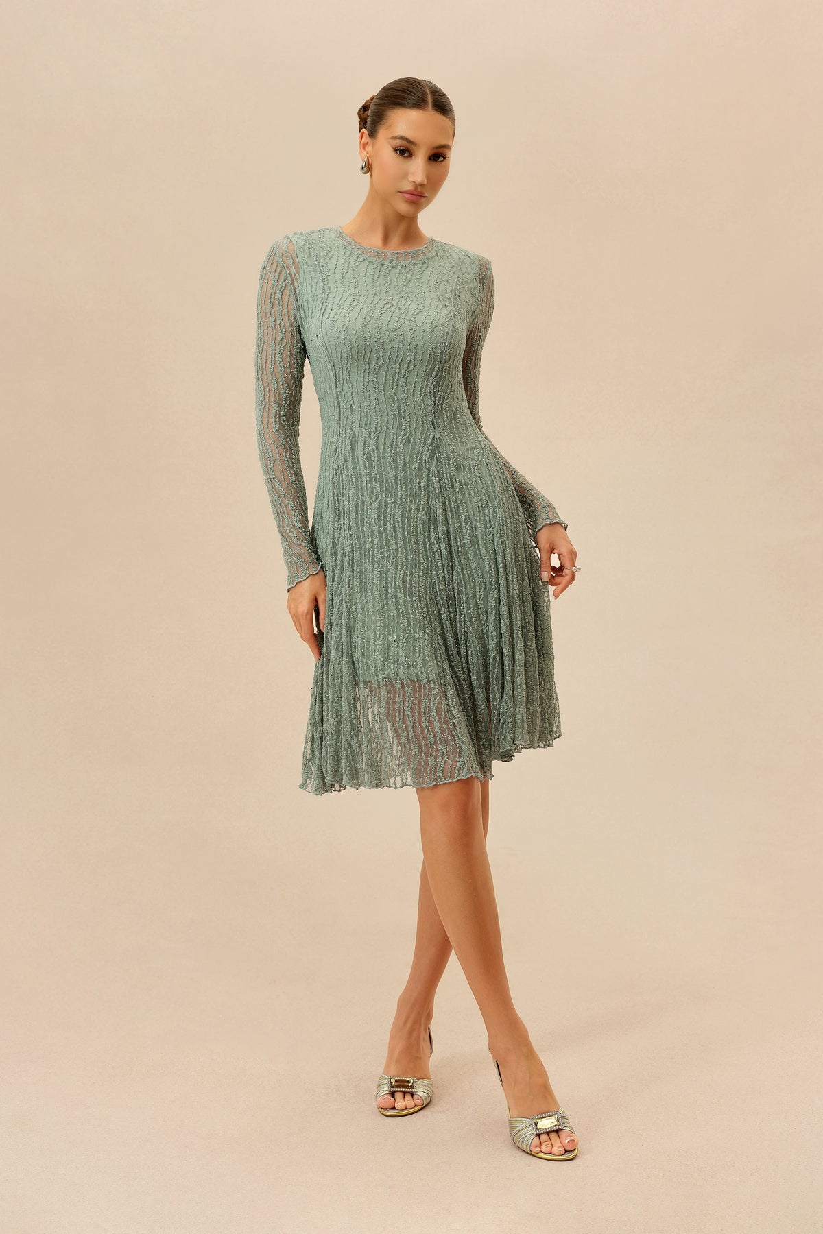 Mint Rhinestone Long Sleeve Midi Dress - view 2