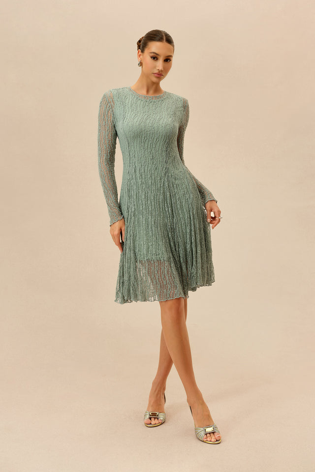 Mint Rhinestone Midi Dress Long Sleeve Flared Hem - 2