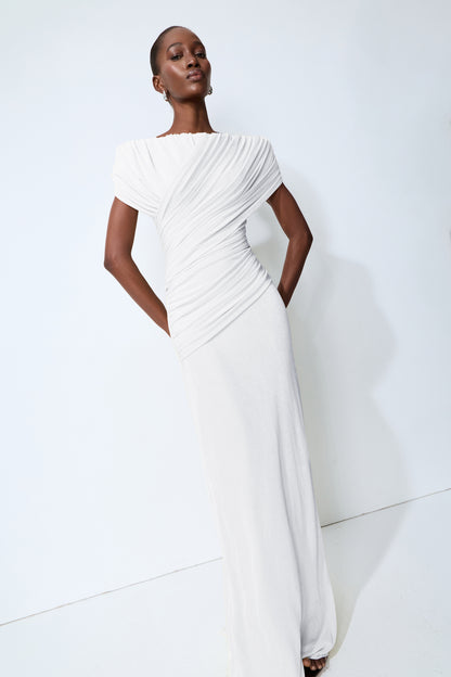 White off-shoulder ruched maxi dress - view 5