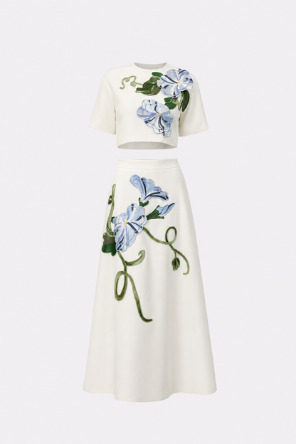Floral Applique Cropped Top and Maxi Skirt Set
