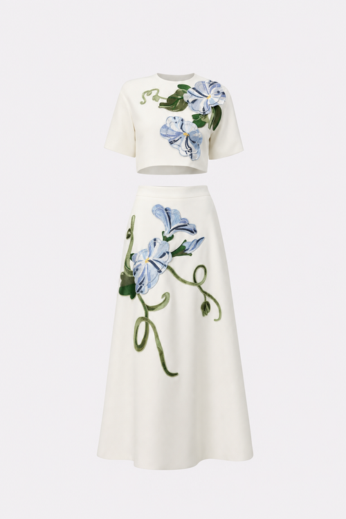 Floral Applique Cropped Top and Maxi Skirt Set