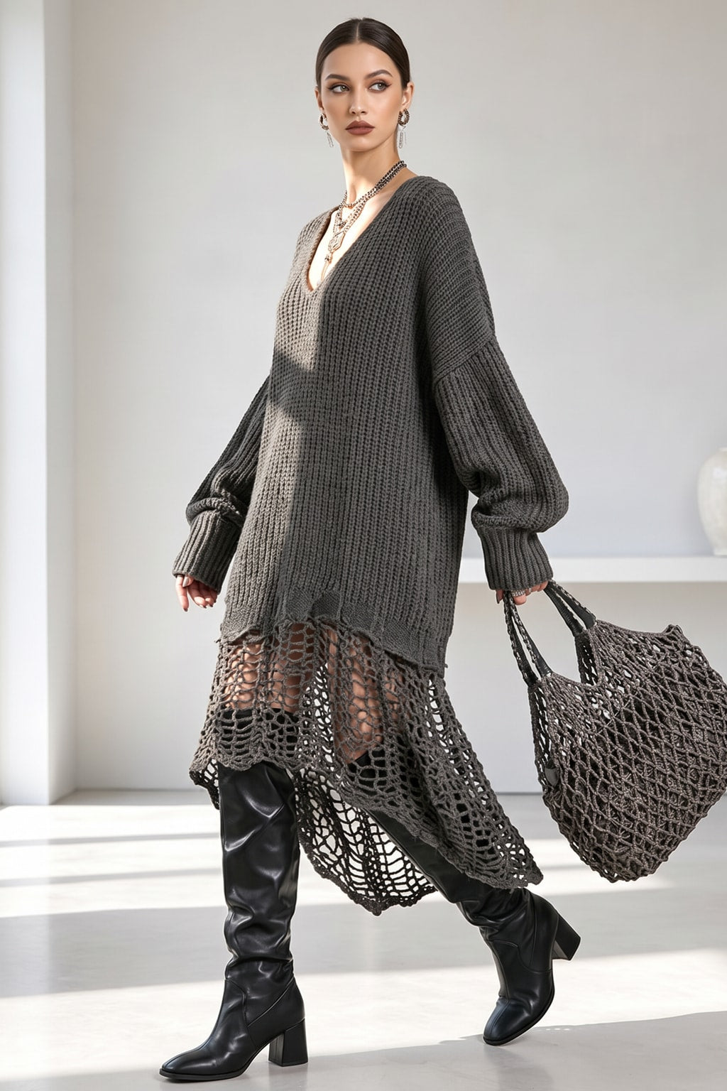 Knit Sweater Midi Dress With Asymmetrical Cutout Hem - 3