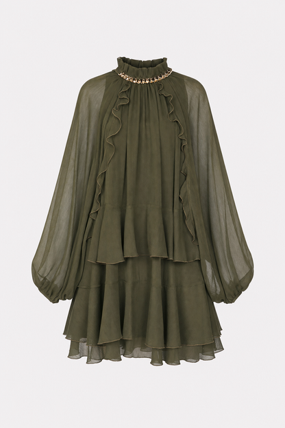 Tiered Ruffle Chiffon Mini Dress, Long Sleeve - view 8