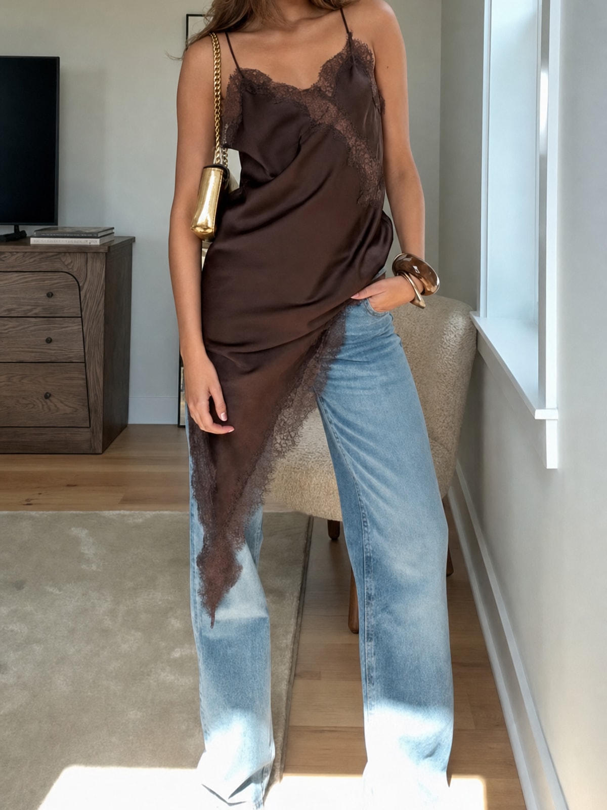 Satin Slip Mini Dress with Asymmetrical Hem - 3
