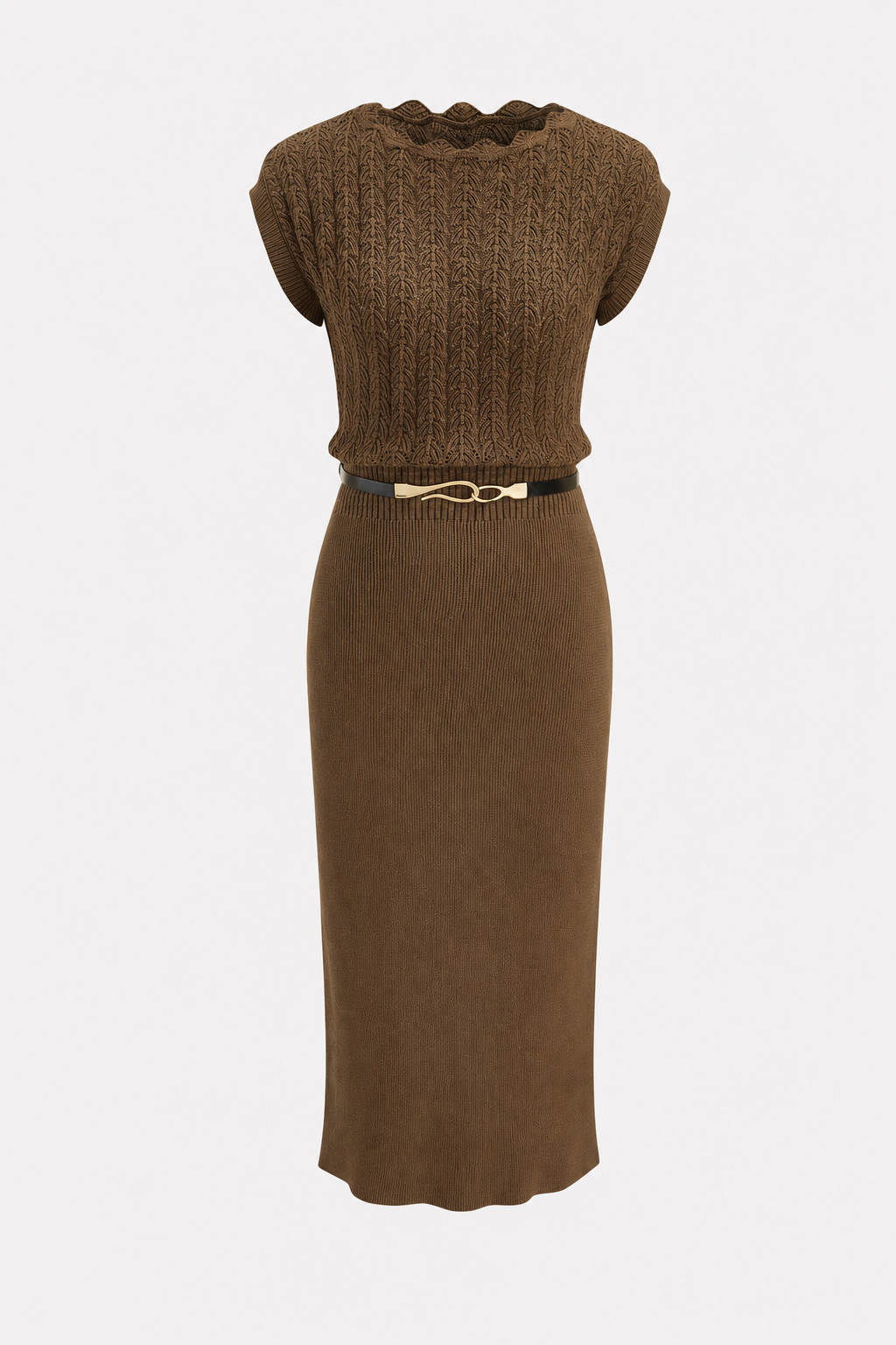 Brown Cotton Knit Belted Midi Dress