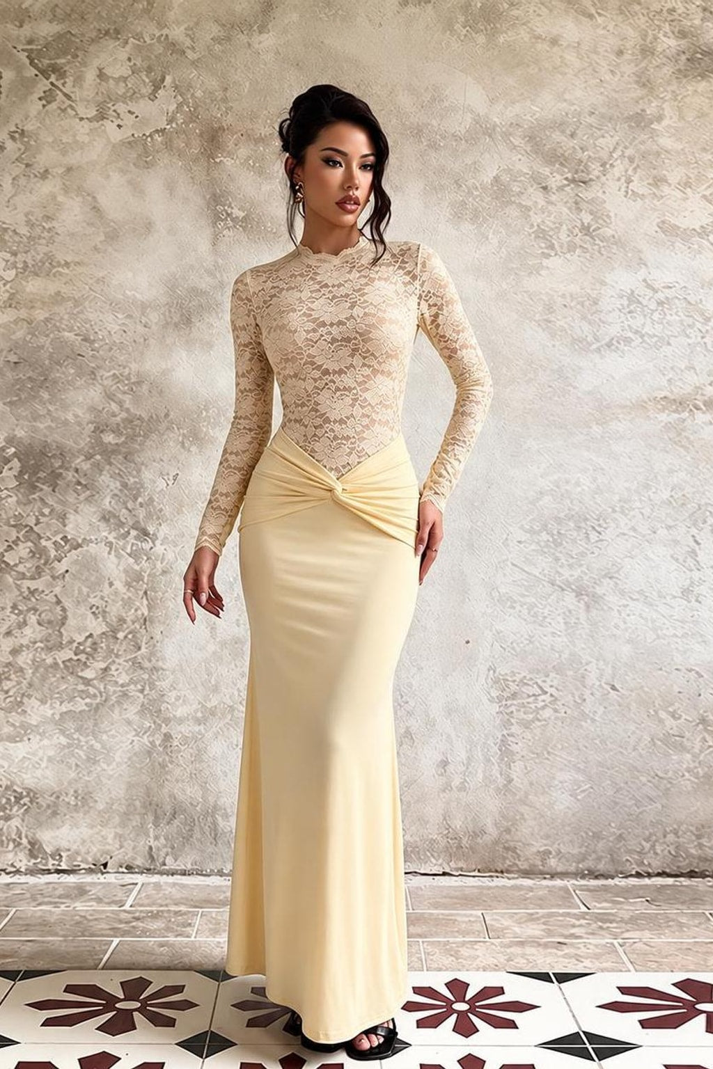 Synthetic Fiber Evening Dress With Lace Sleeves - 3