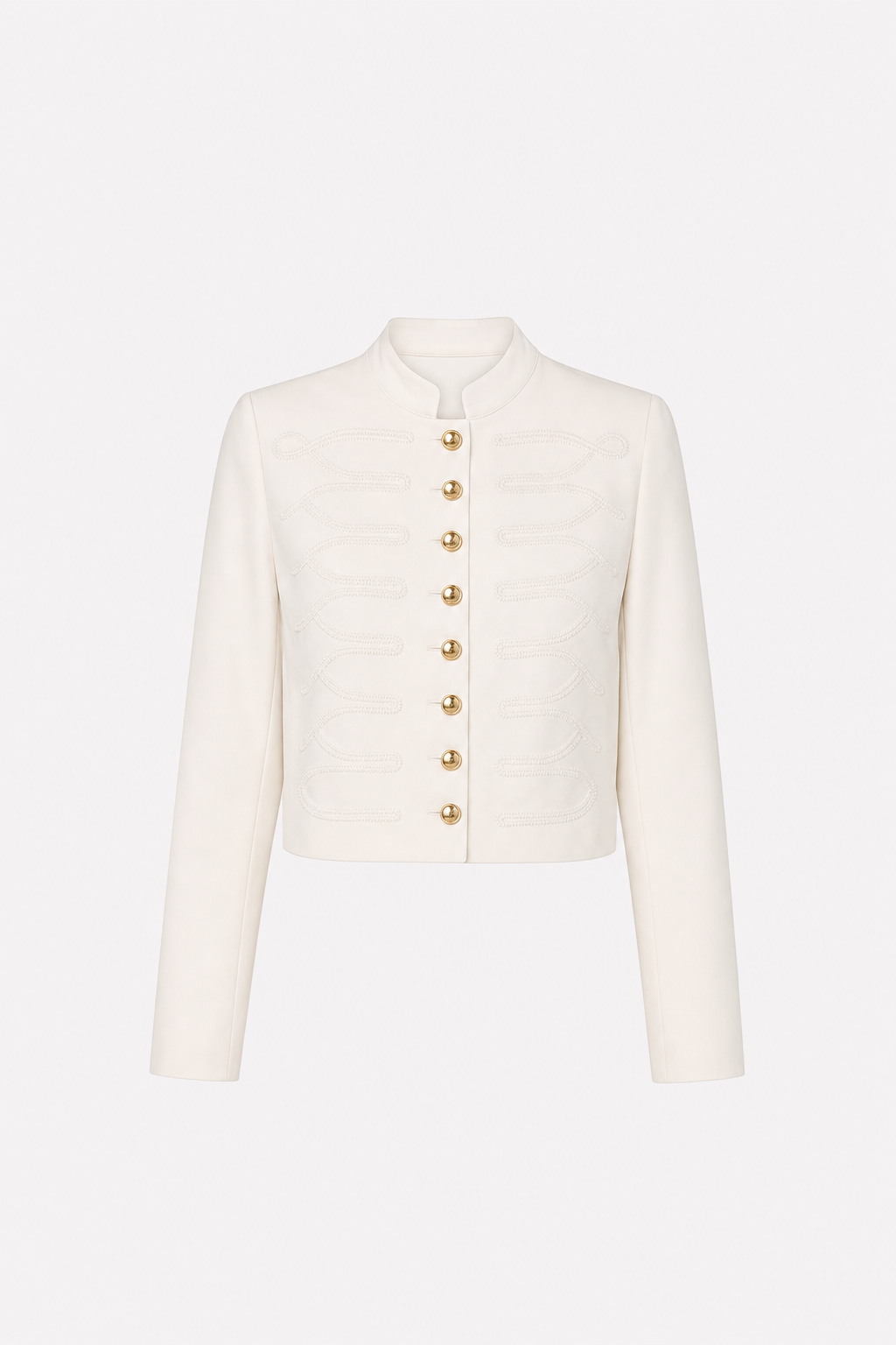 Off-white woven blazer with embroidered stand collar