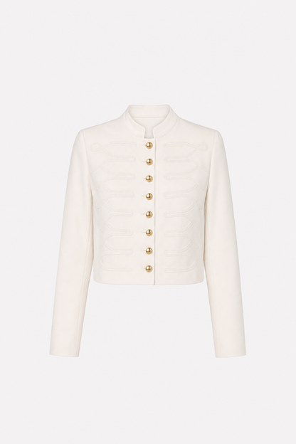 Off-white woven blazer with embroidered stand collar