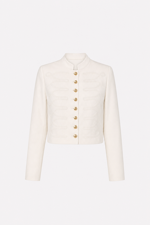 Off-white woven blazer with embroidered stand collar