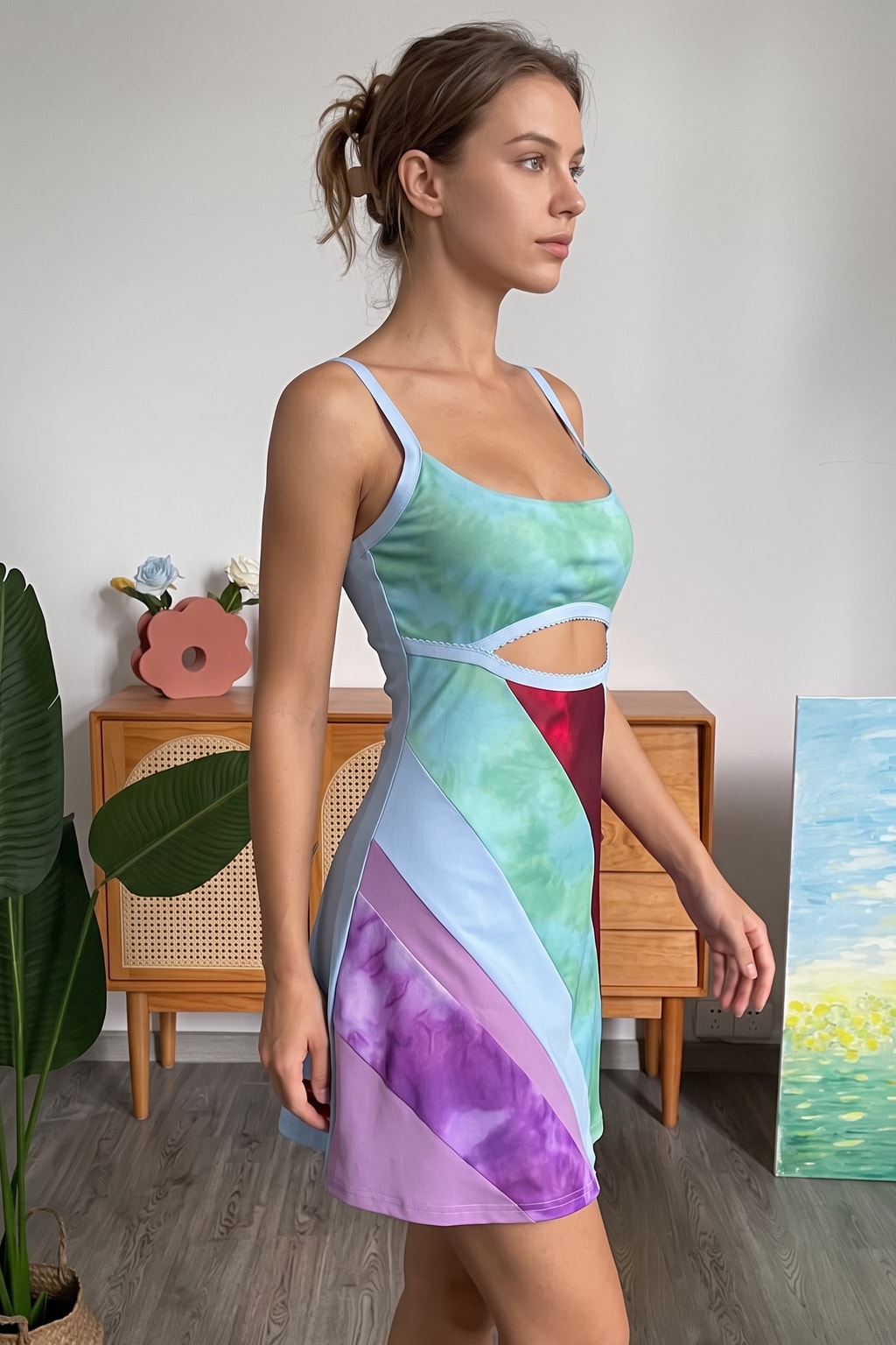 Patchwork Cut-Out Mini Dress for Women - 4