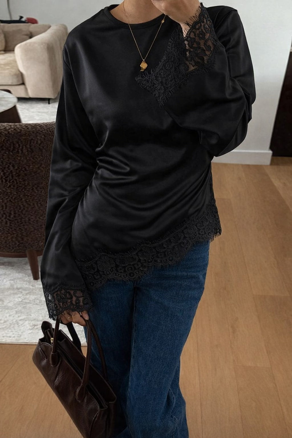 Satin Lace Top With Dramatic Flare Sleeves - 7