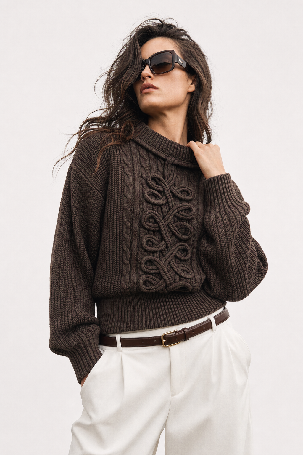 Braided Cable-Knit Cropped Sweater in Dark Brown - view 2