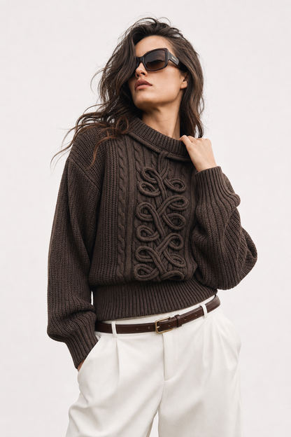 Braided Cable-Knit Cropped Sweater in Dark Brown - view 2