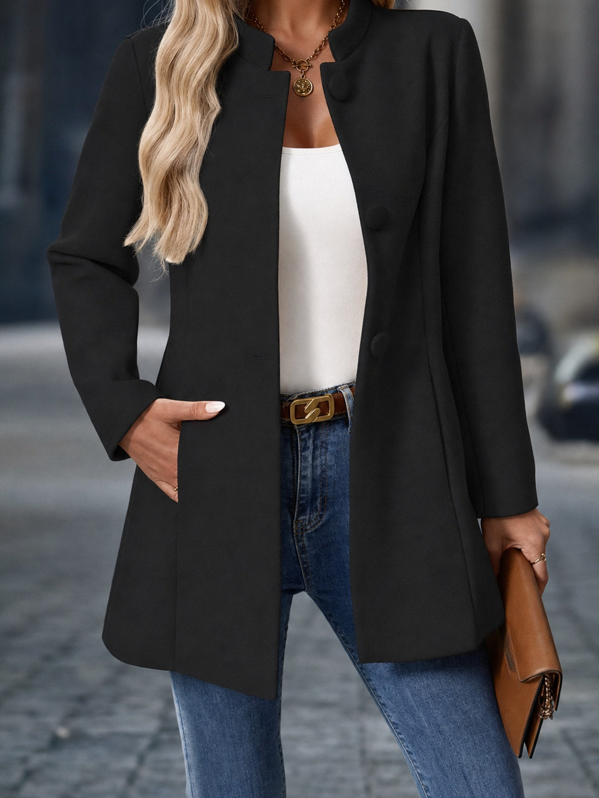Cozy Women's Stand Collar Coat With Tailored Fit & Pockets - 8