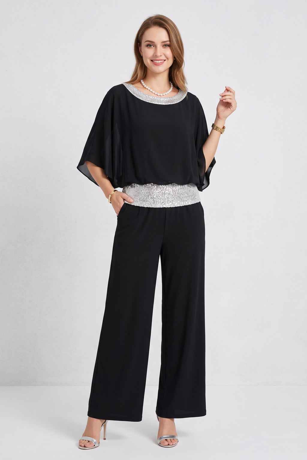 Elegant Polyester Two Piece Set With Wide-Leg Pants - 4