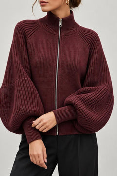 Knitted Zip-Up Cardigan With Stand Collar - 2