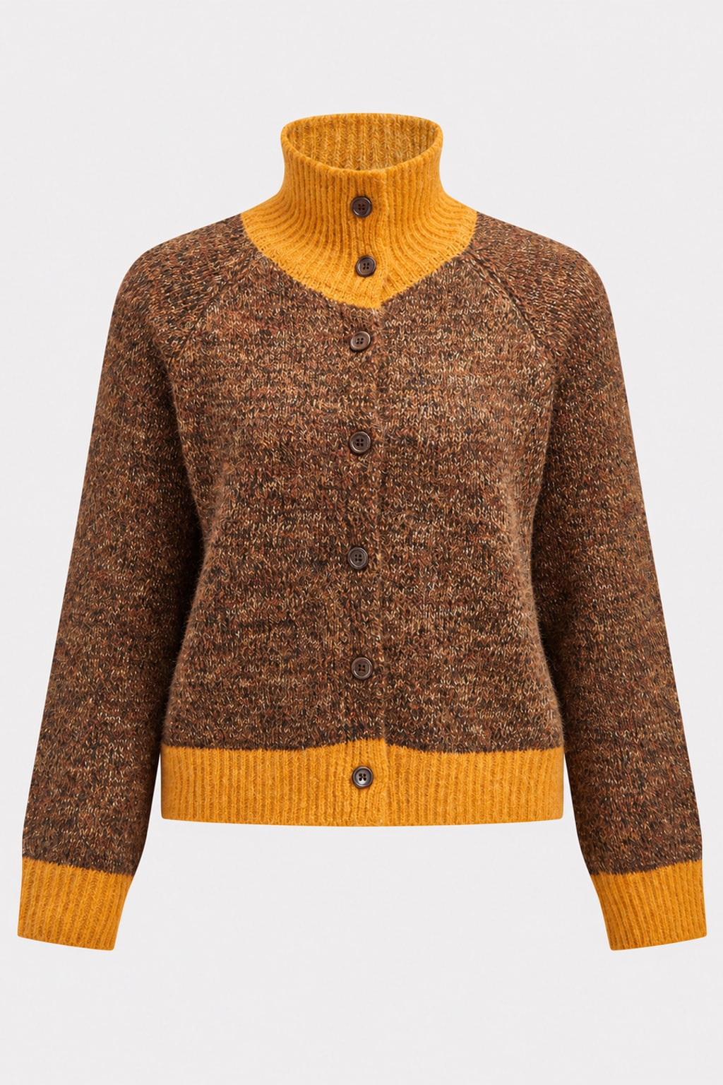 Knit Cardigan Turtleneck Color Block Style - 1