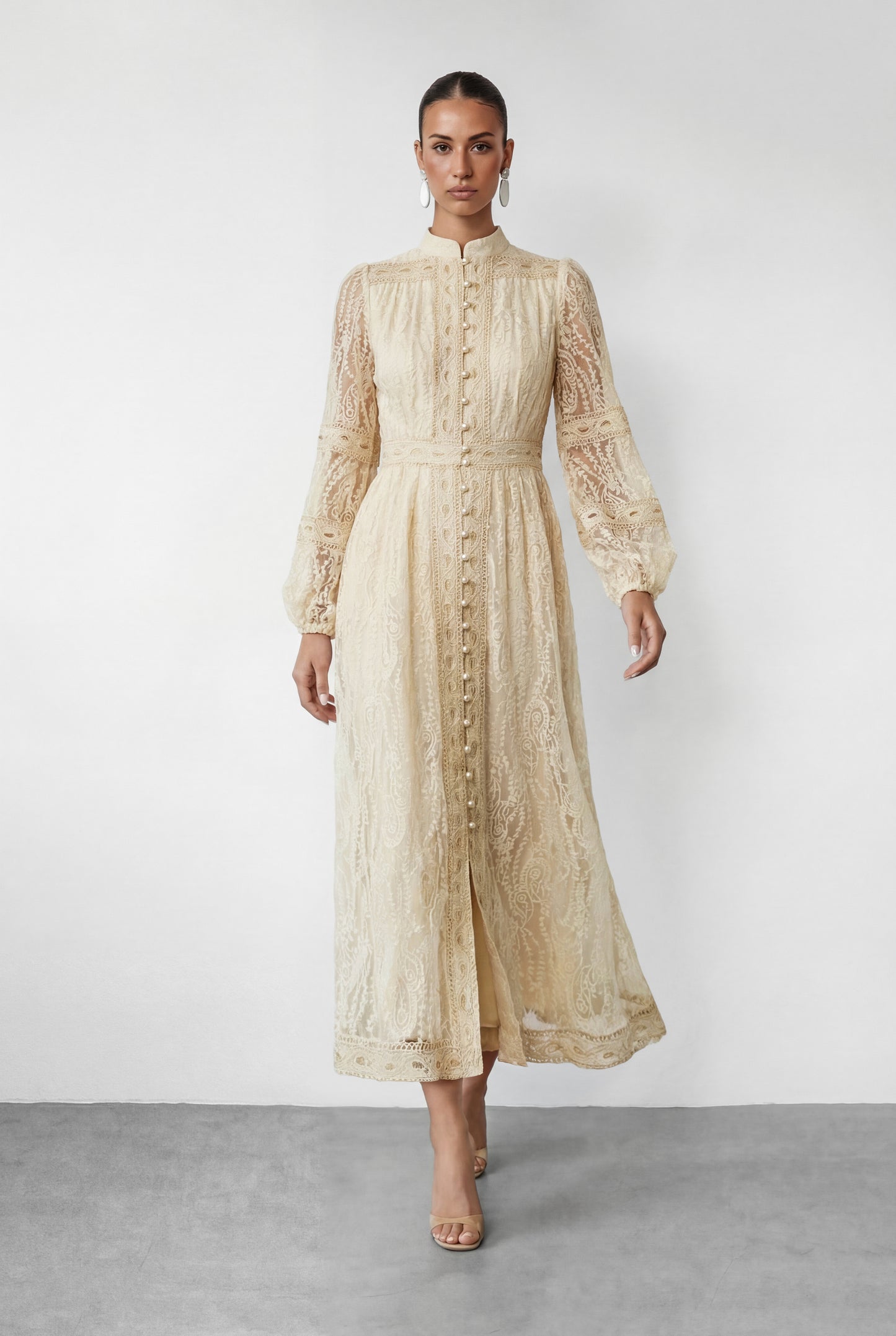 Beige Lace Stand Collar Puff Sleeve Maxi Dress - view 2