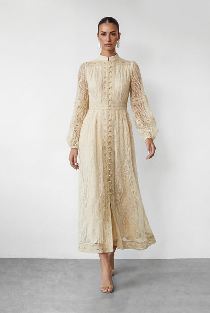 Beige Lace Stand Collar Puff Sleeve Maxi Dress - view 2