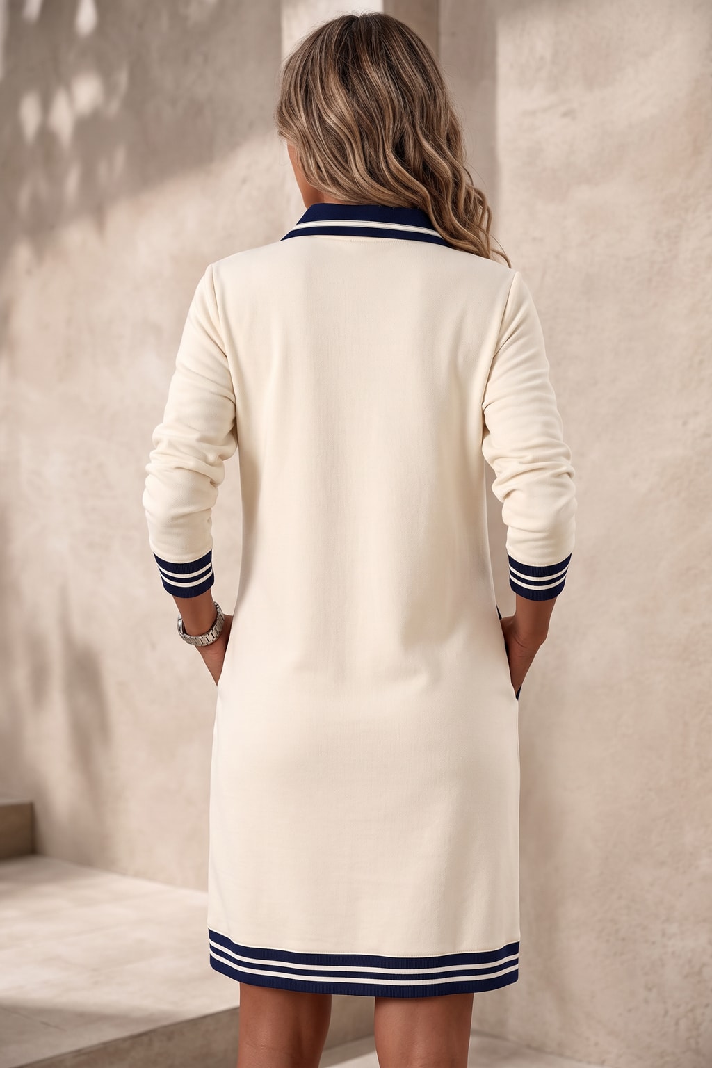 Polyester Half-Zip Polo Dress With Striped Trim - 3