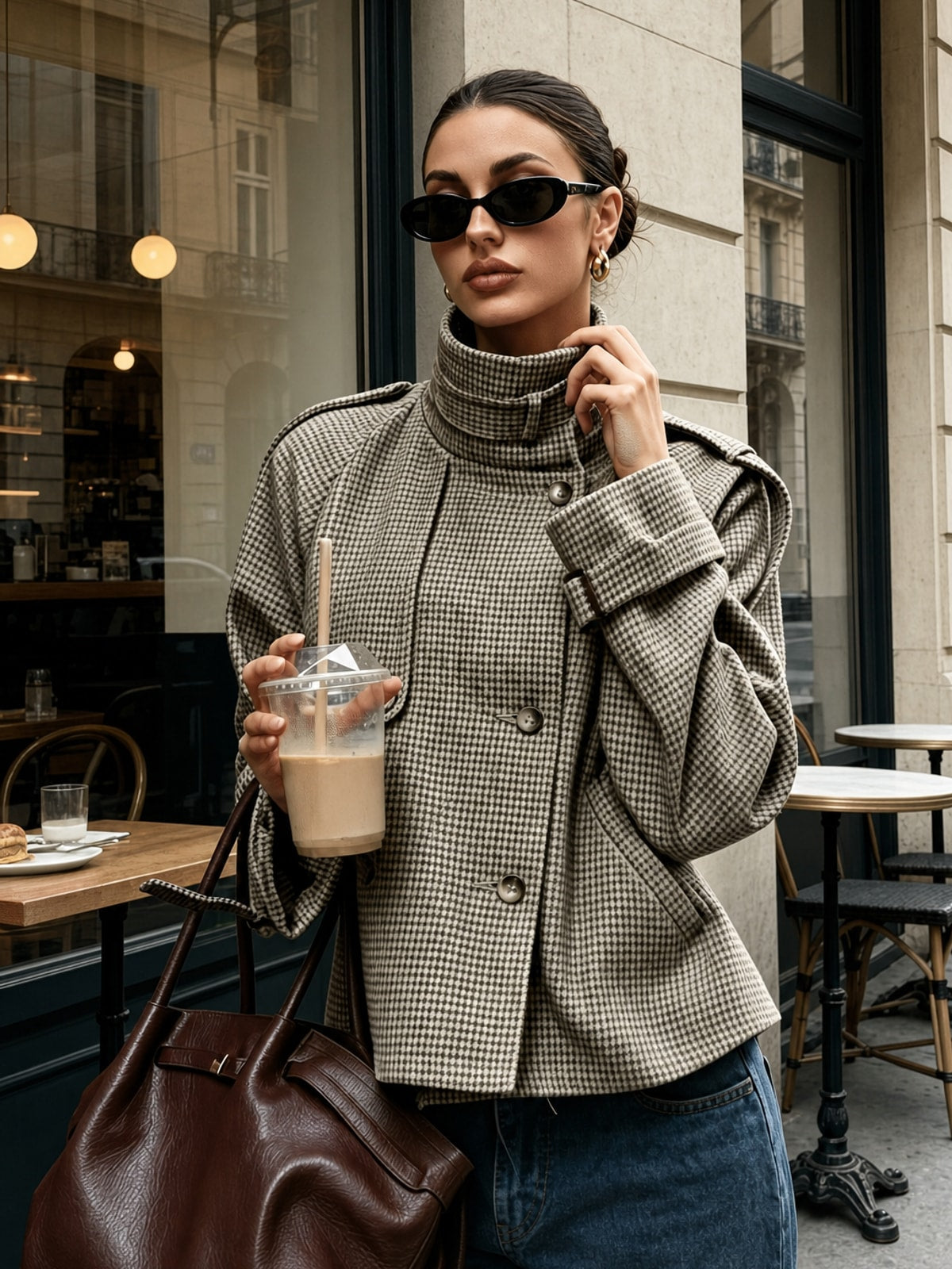 Elegant Houndstooth Cropped Jacket With Stand Collar - 2