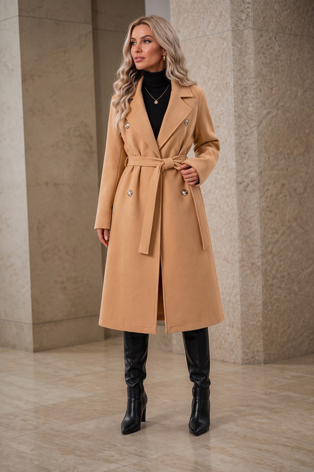 Wool-Look Belted Double-Breasted Long Coat - 6