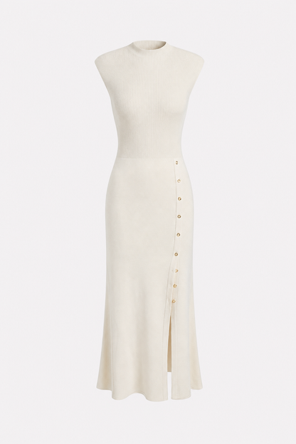 Rib knit maxi dress with cap sleeves and buttons - view 6