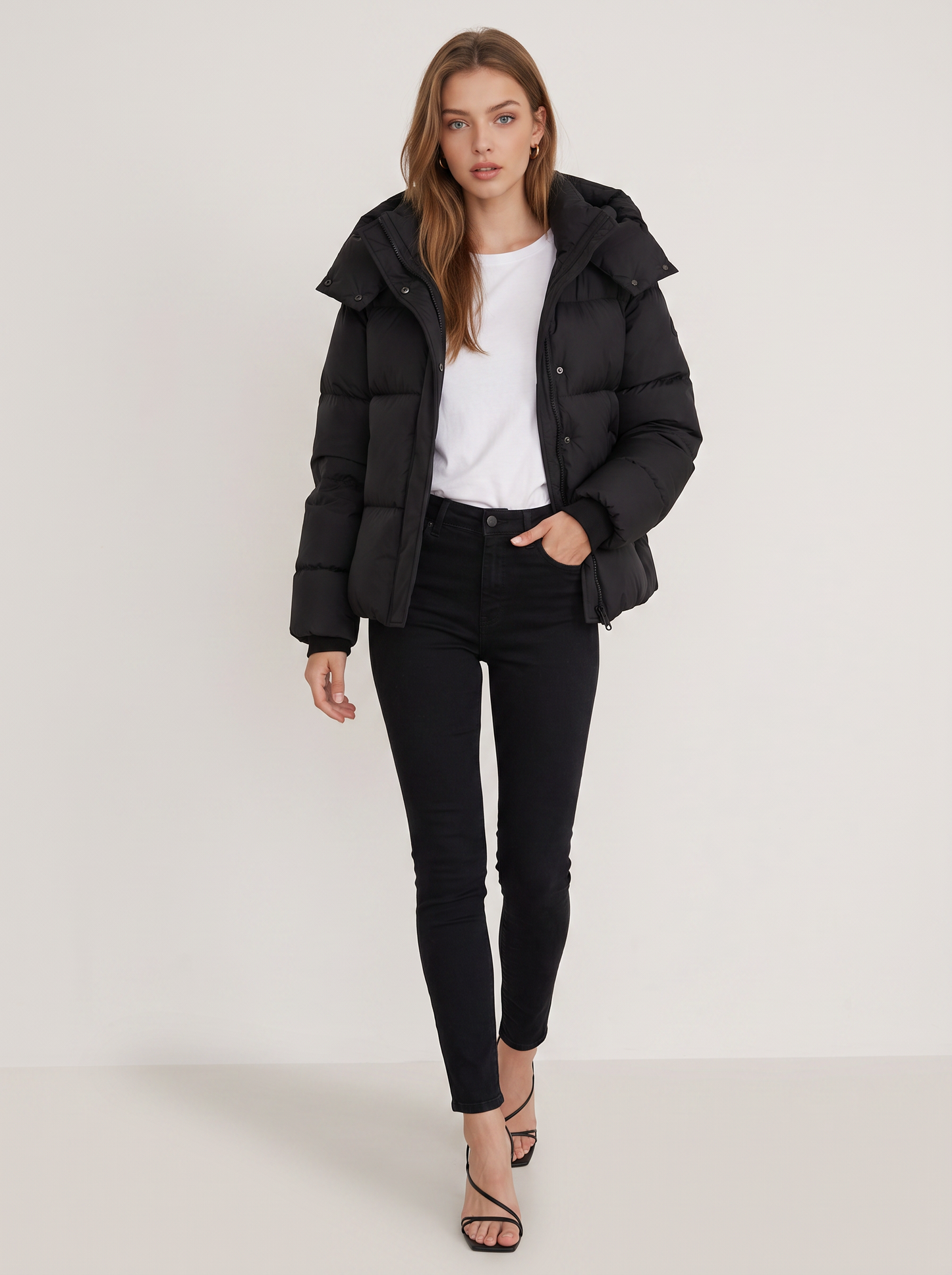 Cropped black quilted puffer jacket with hood - view 2