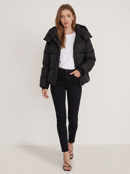 Cropped black quilted puffer jacket with hood - view 2