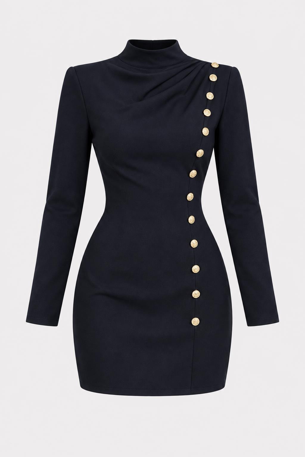 Woven Button-Front High-Neck Mini Dress - 1