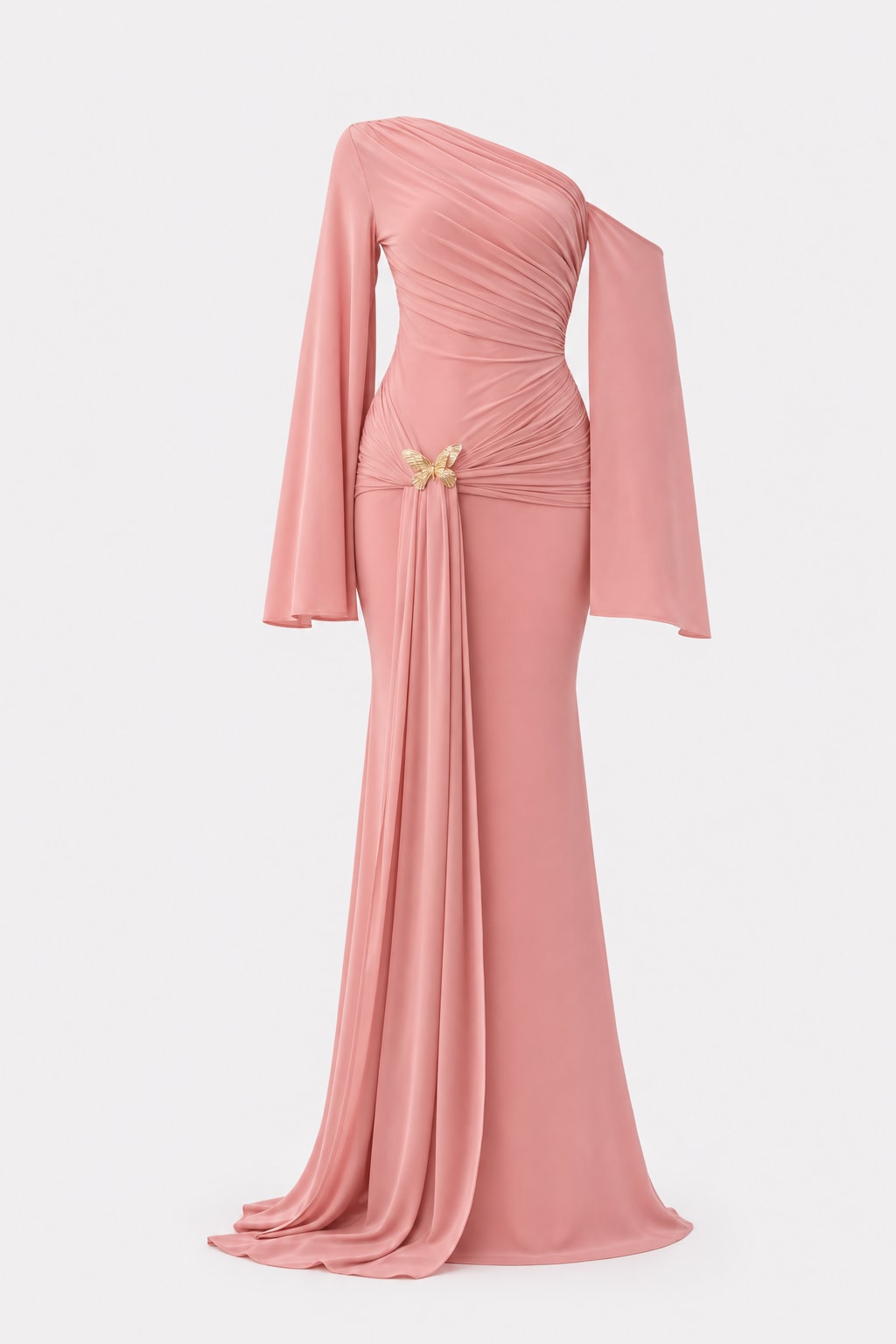 Knit One Shoulder Ruched Mermaid Maxi Dress - 1
