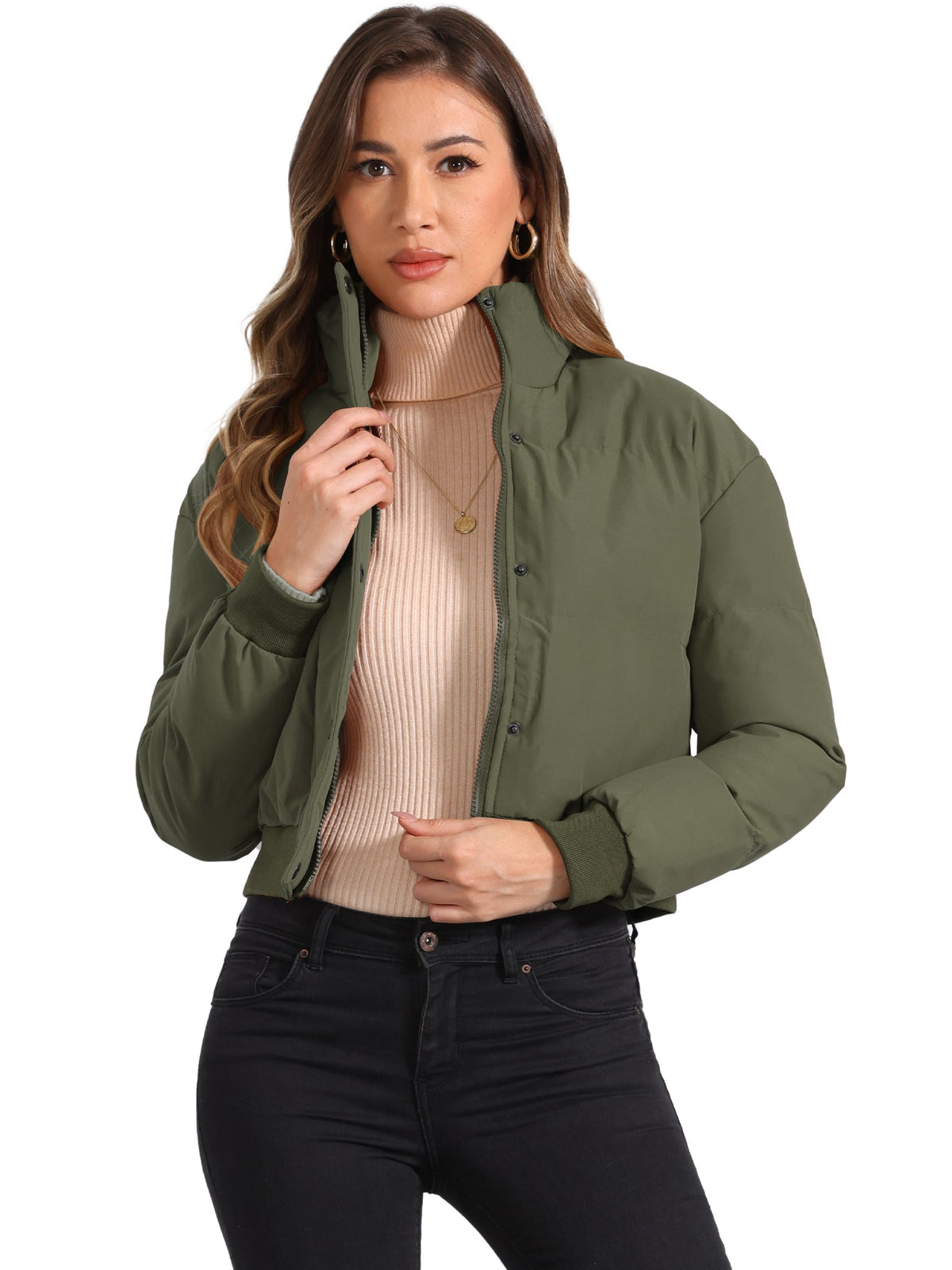 Padded Cropped Bomber Jacket With Stand Collar - view 21