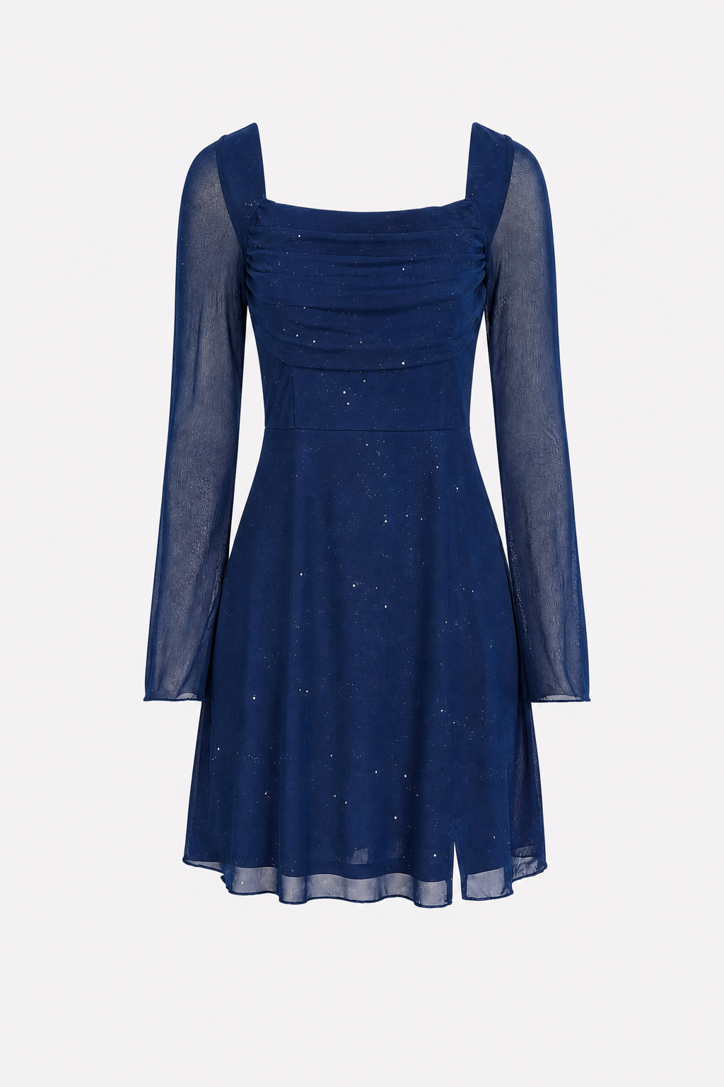 Navy square neck mesh mini dress with bell sleeves