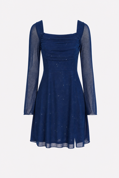 Navy square neck mesh mini dress with bell sleeves