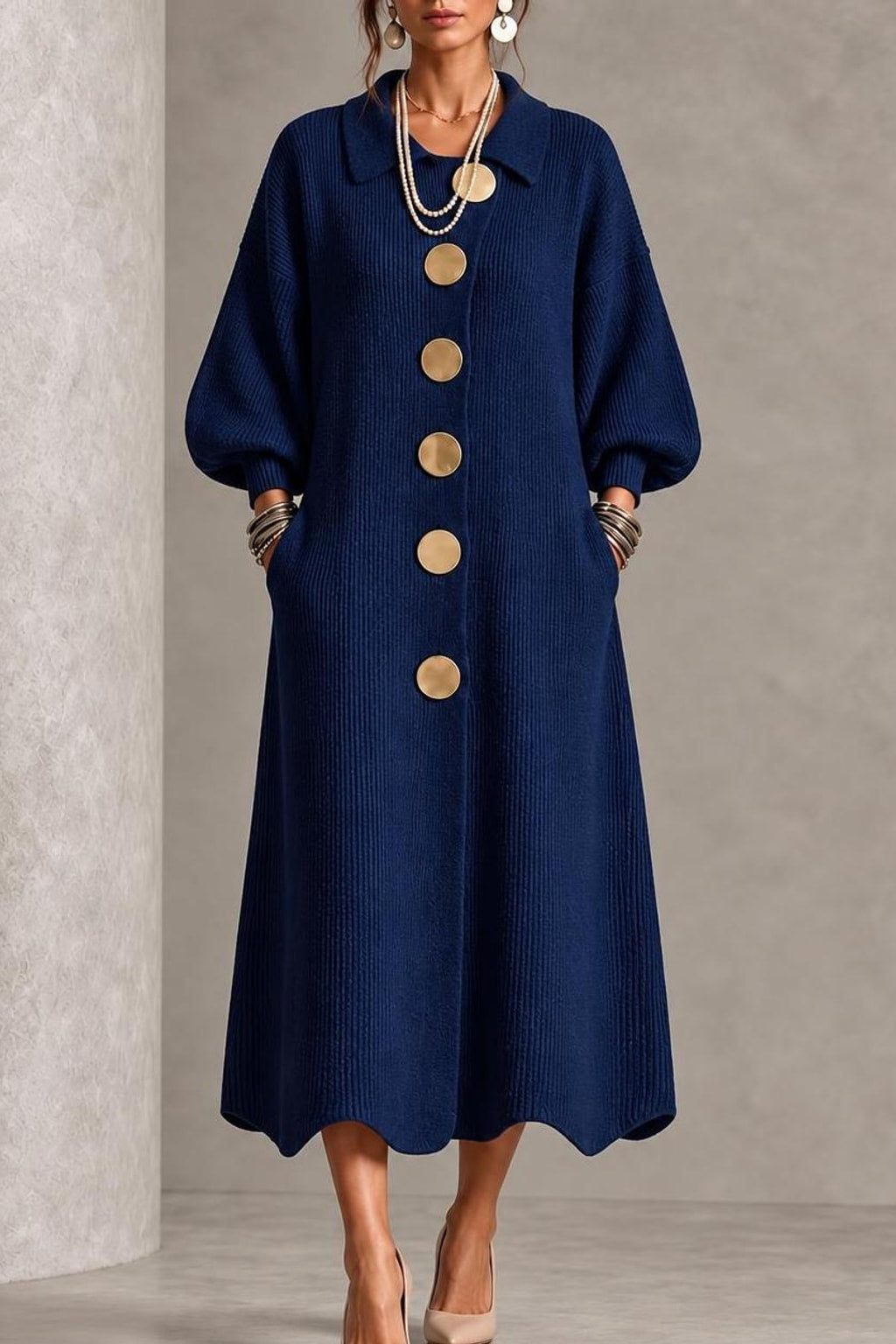 Ribbed Knit Lantern Sleeve Maxi Dress - 8