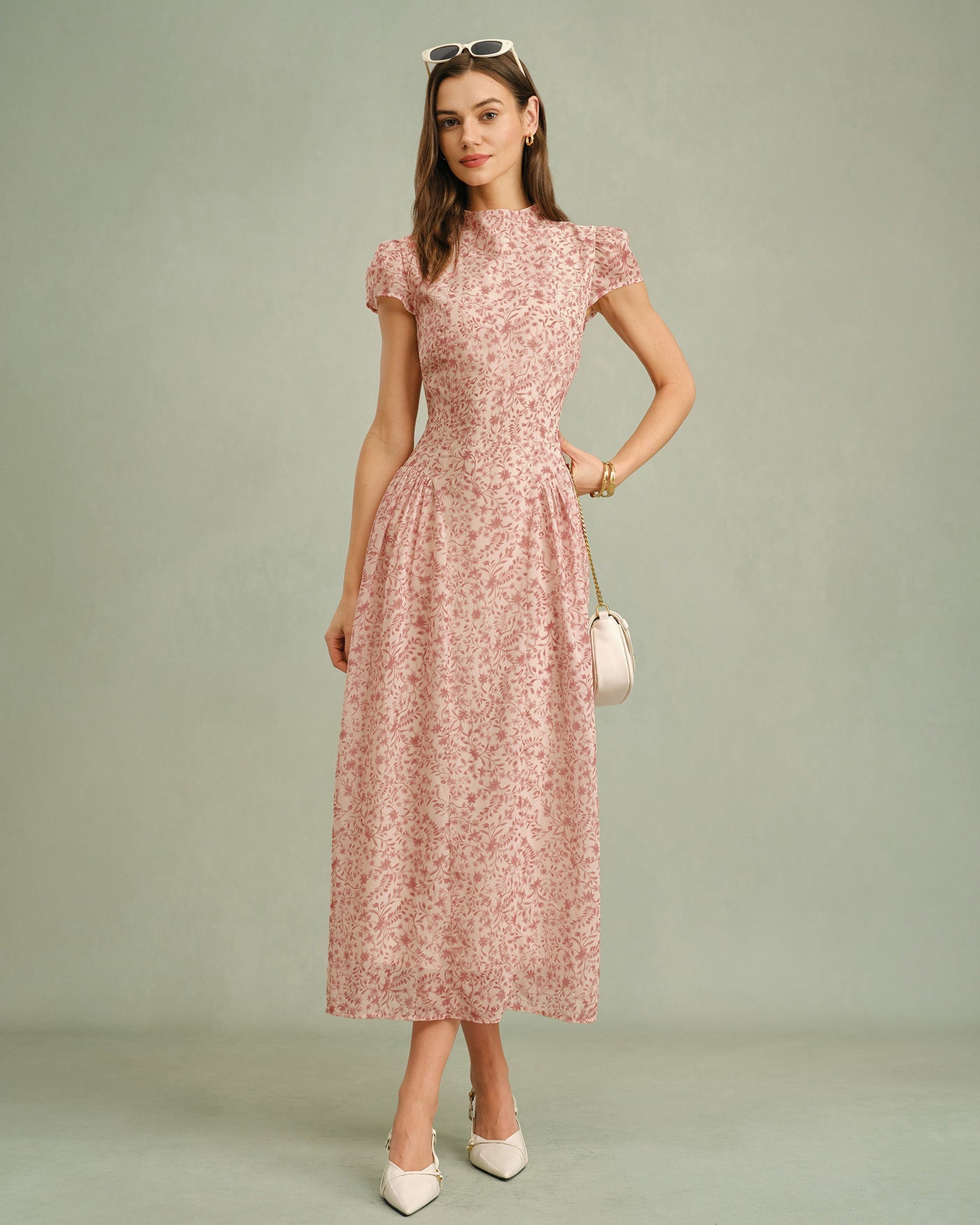 Pink Floral Mock Neck Maxi Dress, Cap Sleeves - view 2