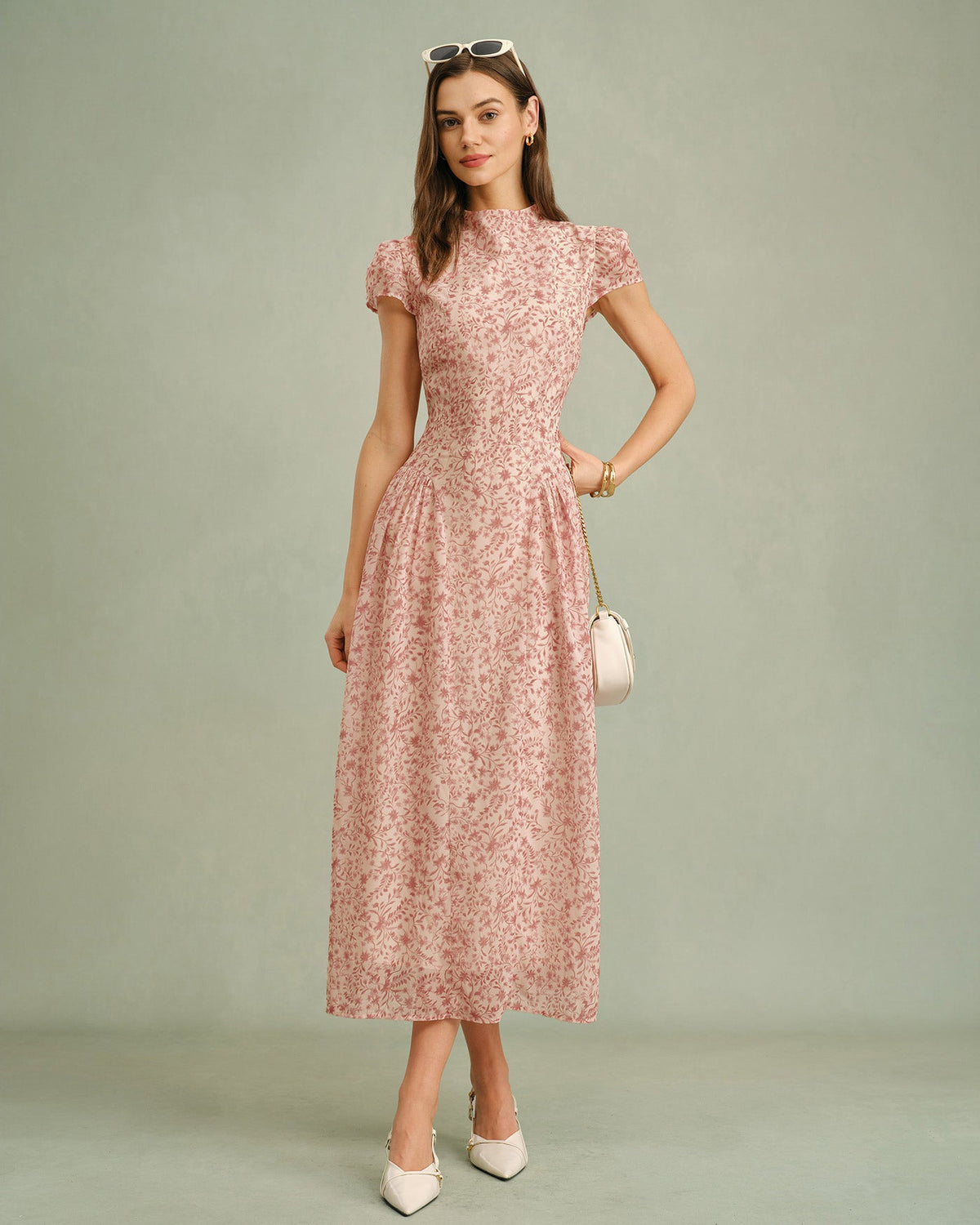Floral Mock Neck Maxi Dress With Ruched Cap Sleeves - 2