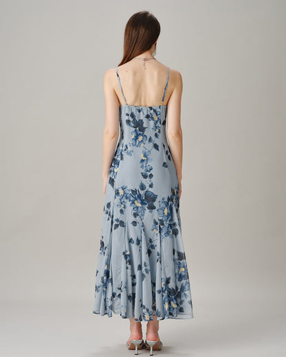 Blue Floral Chiffon A-Line Maxi Dress - view 4