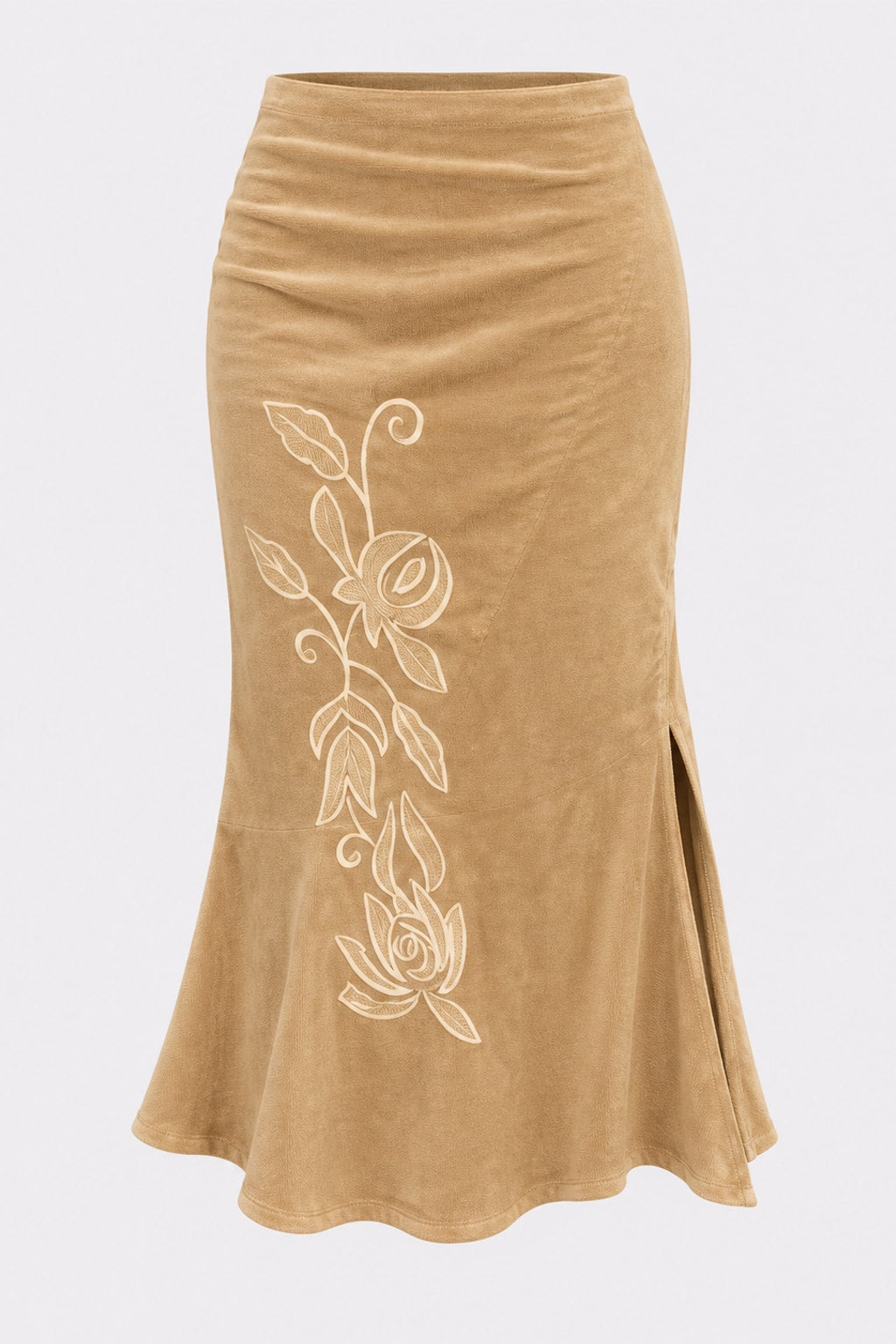 Khaki faux suede fishtail midi skirt with tonal floral embroidery down the front and a side split