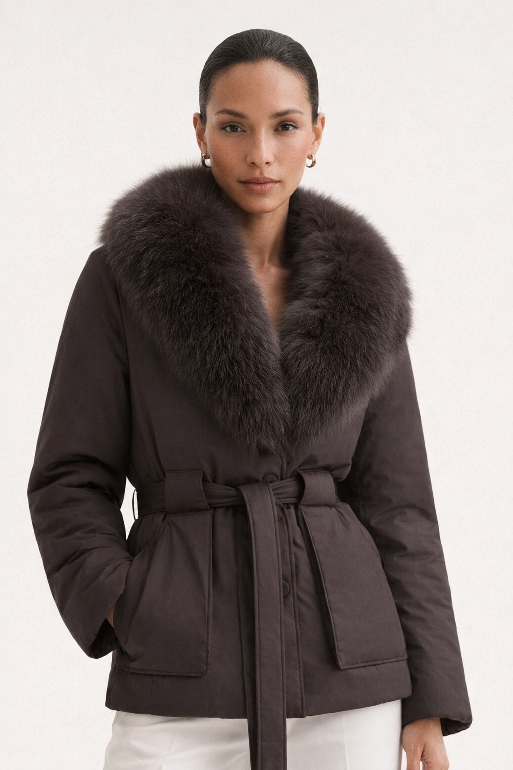 Down Jacket With Fox Fur Collar And Belt - 6