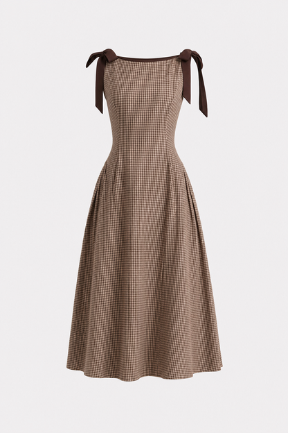 Brown Gingham Midi Dress with Tie Belt