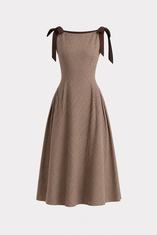 Brown Gingham Midi Dress with Tie Belt