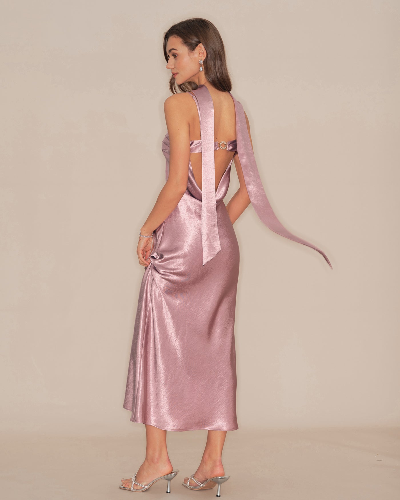 Pink Mermaid Satin Maxi Dress With Open Back - view 4