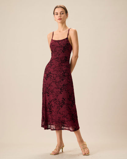 Wine red floral slip midi dress with matching cardigan - view 4