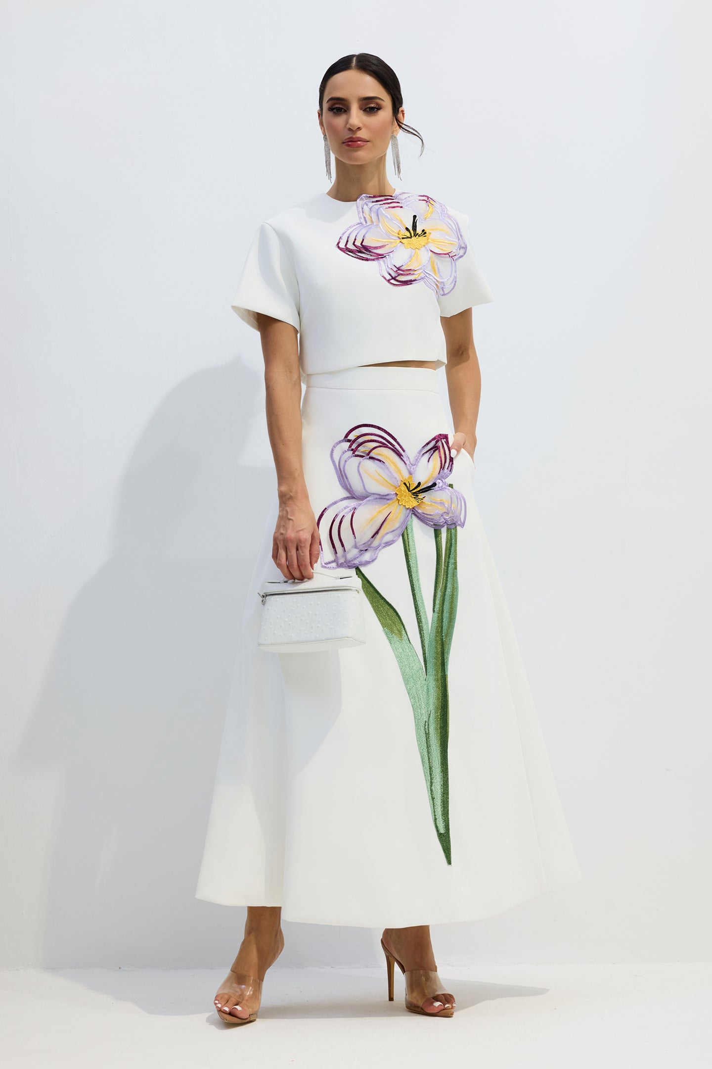 Floral Applique Crop Top and A-Line Skirt Set - view 2