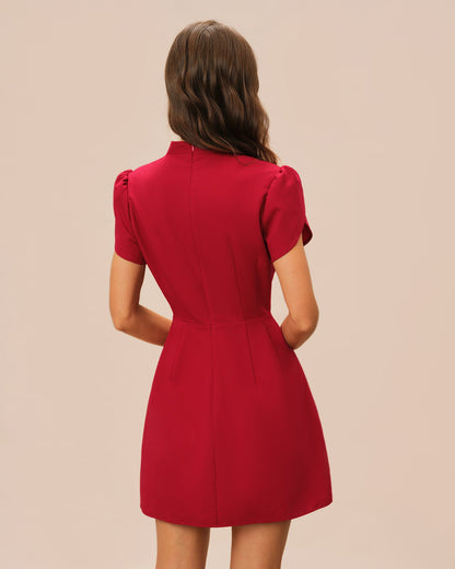 Red petal sleeve mini dress with mandarin collar - view 4