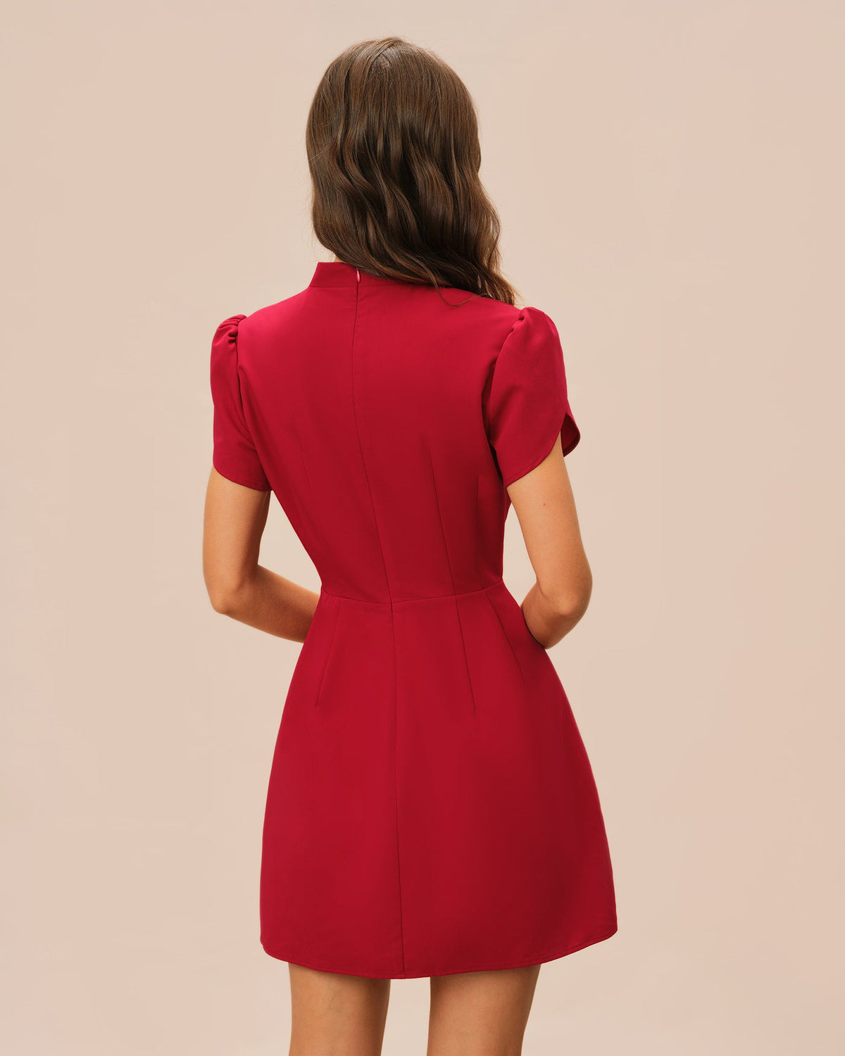 Red Petal Sleeve Mini Dress With Mandarin Collar - 5